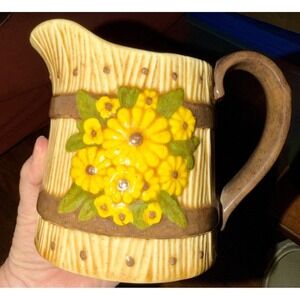 Yellow Floral Sunflower Ceramic Pitcher Vintage Farmhouse Barrel Pitcher Bouquet